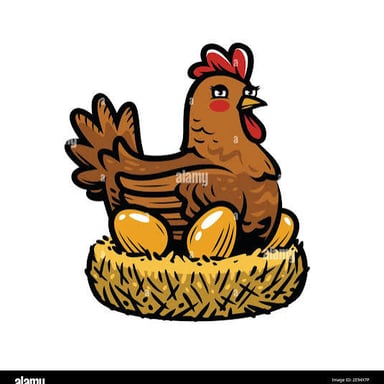 A hen in a nest with an egg.