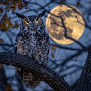 An owl perched on a branch in a dark setting.