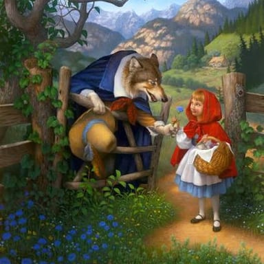 A wolf depicted as a menacing character in a fairy-tale illustration.