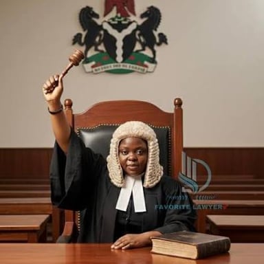 A judge reviewing documents in a courtroom.