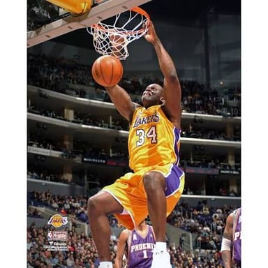 Shaquille O’Neal in a Los Angeles Lakers uniform.