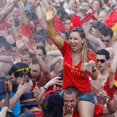 A crowd celebrating and cheering at a public event.