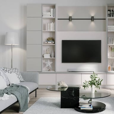 A television set placed in a typical living room.