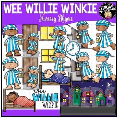 An illustration of the nursery-rhyme character Wee Willie Winkie running through a town at night.