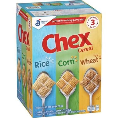 A bowl of Chex cereal beside a package of Chex cereal.