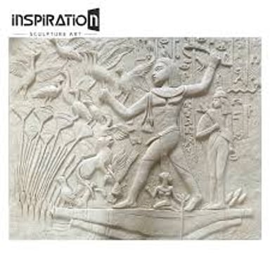 A carved relief panel with figures raised slightly from a flat background.