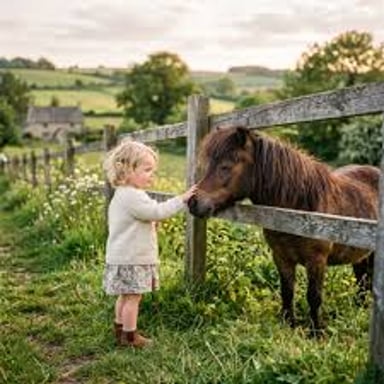 A pony being led by a handler during a gentle ride at a petting zoo.