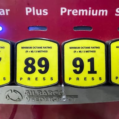 A fuel pump displaying gasoline grades with different octane ratings.