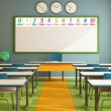 The Spanish counting words uno, dos, and tres written on a board.