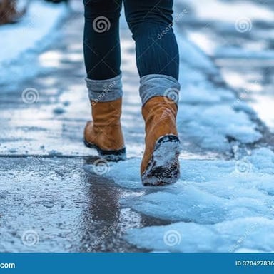A person taking a cautious step on a slippery, icy sidewalk.