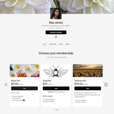 Patreon branding beside an example of a creator membership page.