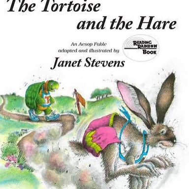 An illustration of the fable’s hare resting while the tortoise continues along the racecourse.