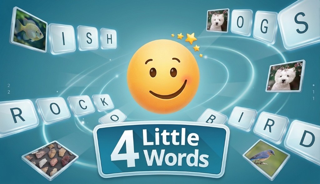 4 Little Words daily answers and solutions — letter tiles and clue images from a completed puzzle