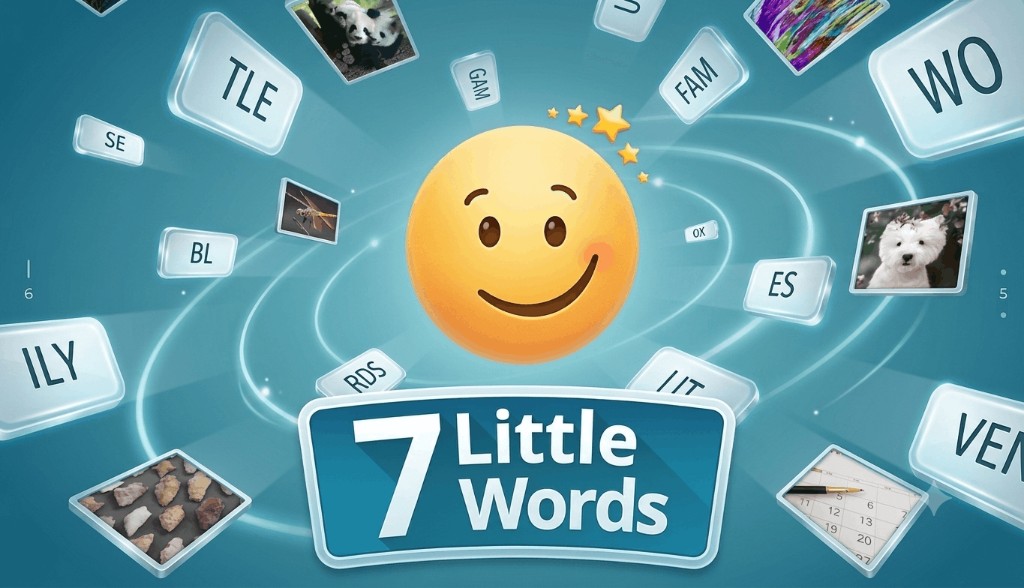 7 Little Words daily answers and solutions — letter tiles and clue images from a completed puzzle